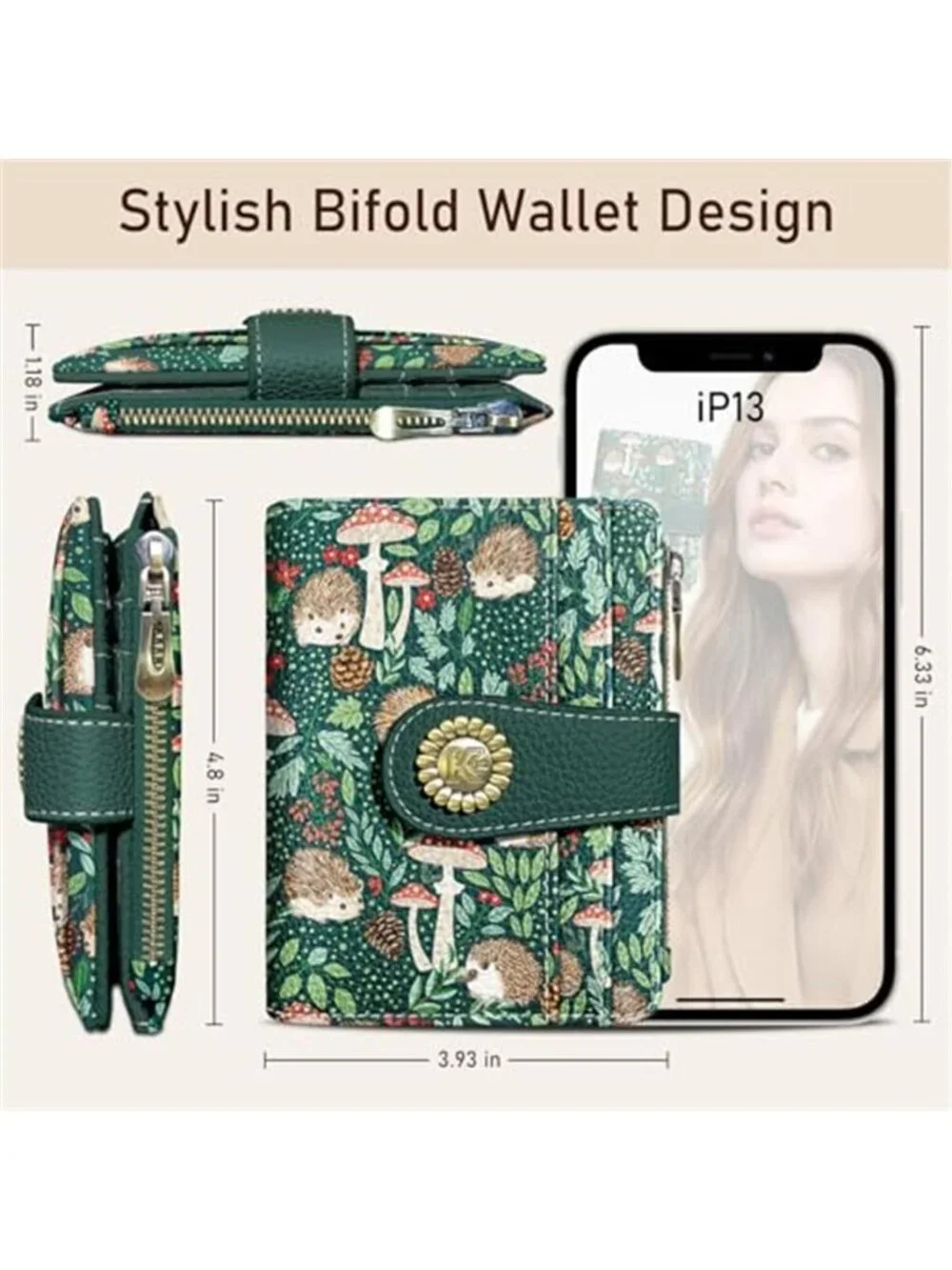 Womens RFID Bifold Wallet Vegan Leather Card Holder Coin Purse Cute Hedgehog